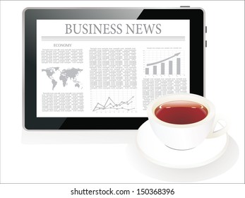 Tablet pc shows latest news on screen and cup of coffee. 