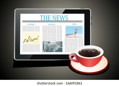 Tablet pc shows latest news on screen and cup of coffee.