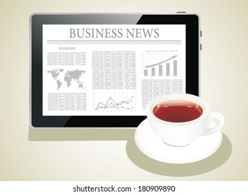 Tablet PC shows latest news on screen and cup tea