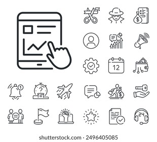 Tablet PC sign. Salaryman, gender equality and alert bell outline icons. Online Education line icon. Web presentation with Charts symbol. Internet report line sign. Vector