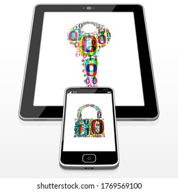 A Tablet PC and Smart Phone displaying a Binary software code “Padlock and Key” on their display screens.