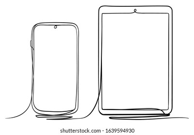 Tablet PC And Smart Phone Hand Drawn Continuous Line Art Vector Illustration. Isolated On White Background.