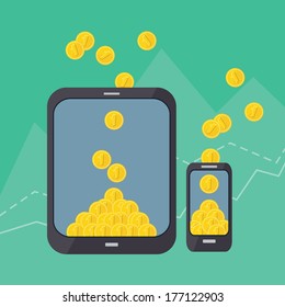 tablet pc and smart phone with money. vector illustration