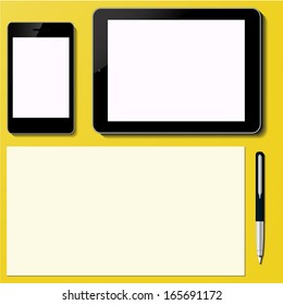 Tablet PC and Smart phone Screen with paper sheet and pen Office desktop Computer Technology concept in vector