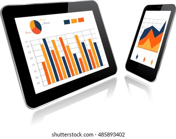 Tablet PC and Smart phone with Statistics chart. Concept of analyzing project, financial report and strategy, financial analytics or market research 