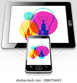 Un Tablet PC y un Smart Phone streaming de datos de red 5G de alta velocidad para móviles para presentar ideas creativas y gráficos de concepto en pantalla.