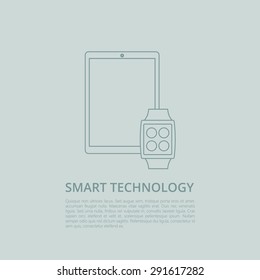 Tablet pc with smart watch flat and outline vector design template
