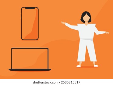 tablet pc and smartphone. box for any text with box and arrow. empty dialog window. Web banner vector illustration.