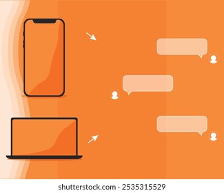 Tablet PC y smartphone. Caja para cualquier texto con cuadro y flecha. Ventana de diálogo vacía. Ilustración vectorial de Anuncio de Web.