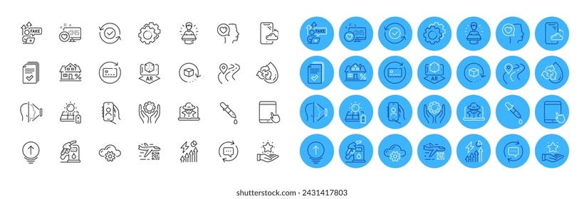 Tablet pc, Swipe up and Road line icons pack. Cloud computing, Handout, Qr code web icon. Mortgage, Heart, Security confirmed pictogram. Solar panel, Chemistry pipette, Smartphone cloud. Vector