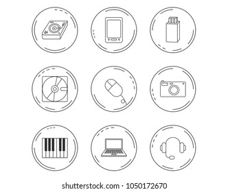 Tablet PC, USB flash and notebook laptop icons. Club music, hard disk and photo camera linear signs. Piano, headphones icons. Linear Circles web buttons with icons. Vector