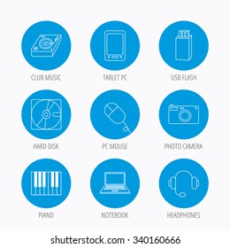 Tablet PC, USB flash and notebook laptop icons. Club music, hard disk and photo camera linear signs. Piano, headphones icons. Blue circle buttons set. Linear icons.