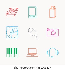 Tablet PC, USB flash and notebook laptop icons. Club music, hard disk and photo camera linear signs. Piano, headphones icons. Linear colored icons.