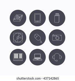 Tablet PC, USB flash and notebook laptop icons. Club music, hard disk and photo camera linear signs. Piano, headphones icons. Flat icons in circle buttons on white background. Vector