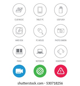 Tablet PC, USB flash and notebook laptop icons. Club music, hard disk and photo camera linear signs. Piano, headphones icons. Video cam, hazard attention and internet globe icons. Vector