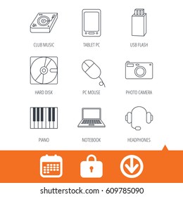 Tablet PC, USB flash and notebook laptop icons. Club music, hard disk and photo camera linear signs. Piano, headphones icons. Download arrow, locker and calendar web icons. Vector