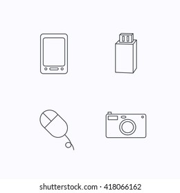 Tablet PC, USB flash and photo camera icons.PC mouse linear sign. Flat linear icons on white background. Vector