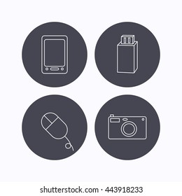 Tablet PC, USB flash and photo camera icons.PC mouse linear sign. Flat icons in circle buttons on white background. Vector