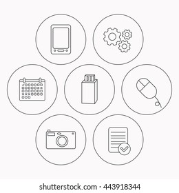 Tablet PC, USB flash and photo camera icons.PC mouse linear sign. Check file, calendar and cogwheel icons. Vector