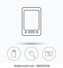 Tablet PC, USB flash and photo camera icons.