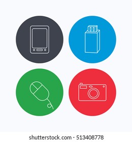 Tablet PC, USB flash and photo camera icons.PC mouse linear sign. Linear icons on colored buttons. Flat web symbols. Vector