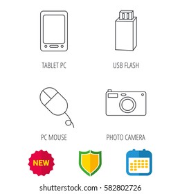 Tablet PC, USB flash and photo camera icons.PC mouse linear sign. Shield protection, calendar and new tag web icons. Vector