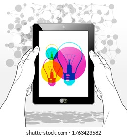 A Tablet PC vertically held firmly in both hands. A "Lightbulb Ideas concept" icon is presented on screen.