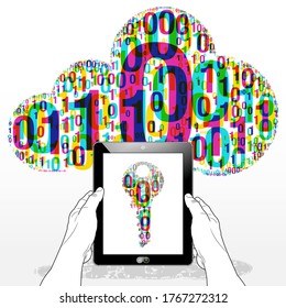 A Tablet PC vertically held presenting a    "Binary shaped key" icon is presented on the screen. A "Binary Data Cloud" icon sits in the illustration background casting a light drop shadow.