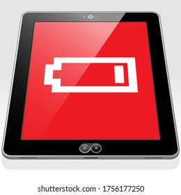 A Tablet PC with a very low, almost empty battery power charge icon on screen.