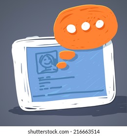 Tablet PC with window open dialogue and speech bubble. Illustration depicts communication. Doodle style