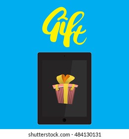 Tablet PC with a yellow gift bow and lettering