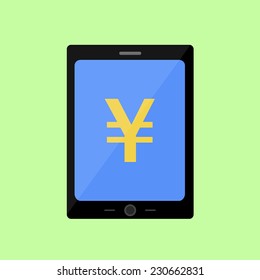 Tablet PC with yen icon in flat style