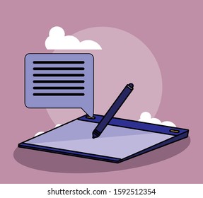 Tablet pen and bubble design, Digital technology communication social media internet web and wireless theme Vector illustration
