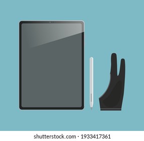 tablet with pen and glove for digital painting on light blue background. vector illustration