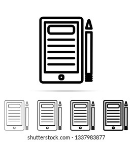 Tablet with pen icon in different shapes, thickness. Simple thin line, outline vector of education icons for UI and UX, website or mobile application