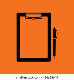 Tablet and pen icon. Orange background with black. Vector illustration.