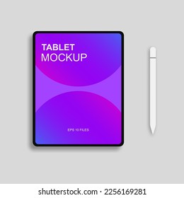 Tablet and pen mockup with gradient touch screen on grey background. Realistic tablet device mockup. Vector illustration. EPS 10.