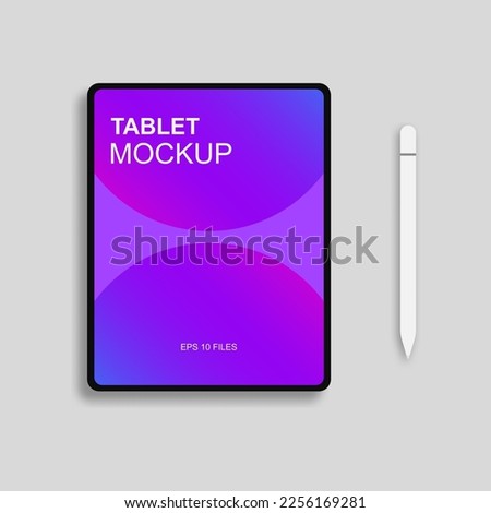 Tablet and pen mockup with gradient touch screen on grey background. Realistic tablet device mockup. Vector illustration. EPS 10. Foto stock © 