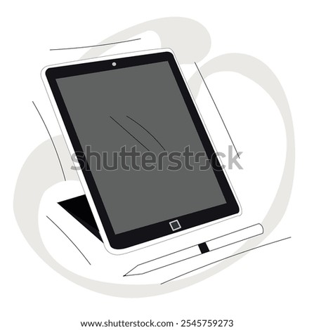 Tablet, pen and multicolored.Pen drawing abstract shape on tablet