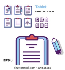 Tablet and pencil flat icons set. One style illustrations and icons. 