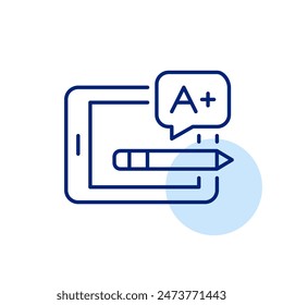 Tablet, pencil and A grade notification. Digital homework hub, hybrid learning tools. Pixel perfect, editable icon