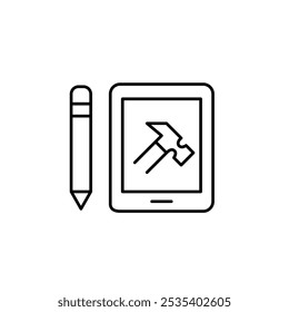 Tableta con lápiz y martillo en pantalla. Mantenimiento del sistema, optimización de la operación. Ajustes del sistema, Actualizar de software y reparaciones. Icono de trazo perfecto y editable del píxel
