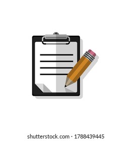 Tablet with pencil icon. A piece of paper with a pencil. Colored illustration with shadow. Vector EPS10