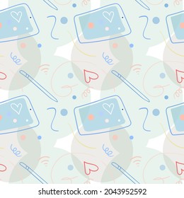 Tableta, lápiz, líneas de ilustración de fondo vectorial. Patrón sin brillo con las orejas dibujadas a mano.