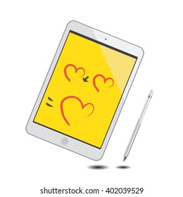 Tablet and pencil Yellow screen Drawing red heart