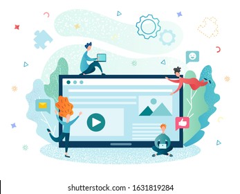 Tablet and people chatting online doing work or training course. Vector illustration of the concept of training and educational programs online, social media communication, online business support.