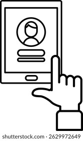 A tablet with a person's face on it and a finger pointing to it. The tablet is a device that can be used for communication, entertainment, and other purposes