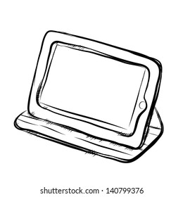 tablet phone and cover / hand drawn vector and illustration, black and white image, isolated on white background.