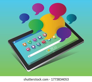 Tablet phone of green colored screen and speech bubble floating around it