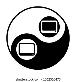 Tablet or phone icon. Vector. Black and white icon inside circles of yin and yang symbol  at white background.
